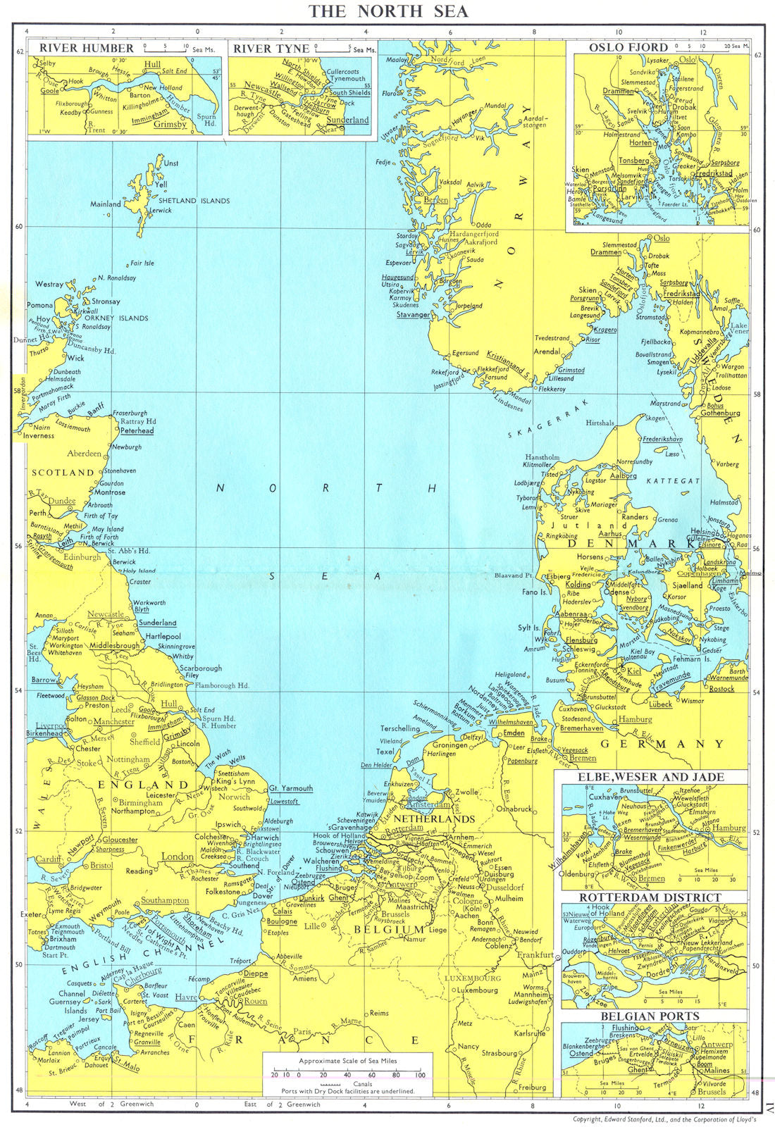 N SEA. Tyne Humber Oslo Fjord Elbe Weser Jade Rotterdam Belgian ports 1971 map